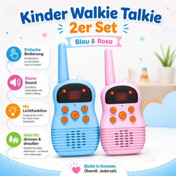 Walkie Talkie 2er Set – Blau & Rosa mit Licht, Display & klarer Sprachfunktion