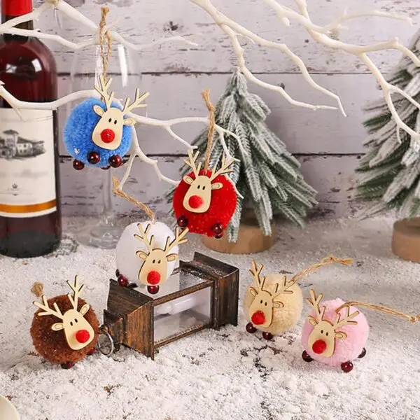 12er Set Weihnachtsanhänger Rentier – bunte Christbaumanhänger Deko aus Plüsch & Holz