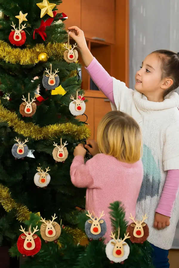 12er Set Weihnachtsanhänger Rentier – bunte Christbaumanhänger Deko aus Plüsch & Holz