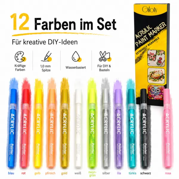 12 Acrylstifte Set – Acrylmarker 1 mm in 12 Farben, wasserbasierte Paint Marker für Steine, Holz, Papier, Karton & Bastelprojekte