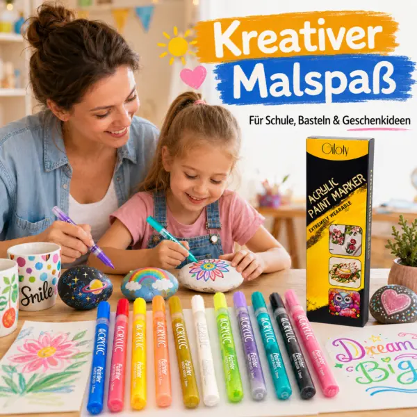 Acrylstifte Set 12 Farben – Acrylmarker 1 mm, wasserbasierte Paint Marker für Steine, Holz, Papier, Karton & Bastelprojekte