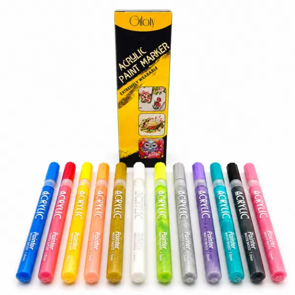 12 Acrylstifte Set – Acrylmarker 1 mm in 12 Farben, wasserbasierte Paint Marker für Steine, Holz, Papier, Karton & Bastelprojekte