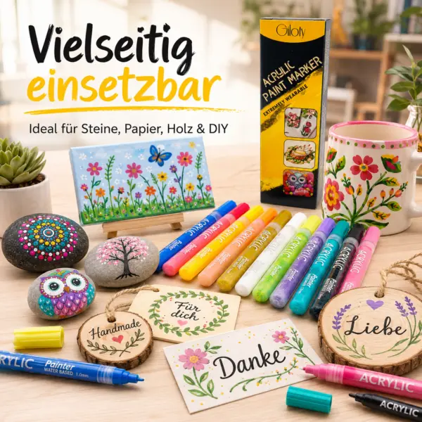 Acrylstifte Set 12 Farben – Acrylmarker 1 mm, wasserbasierte Paint Marker für Steine, Holz, Papier, Karton & Bastelprojekte