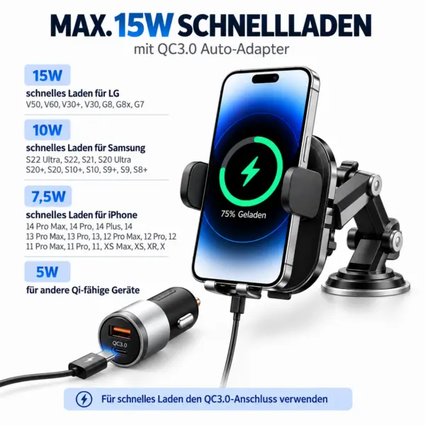 15W Wireless Auto-Handyhalterung mit Schnellladefunktion – automatische Klemmarme & 270° Verstellung