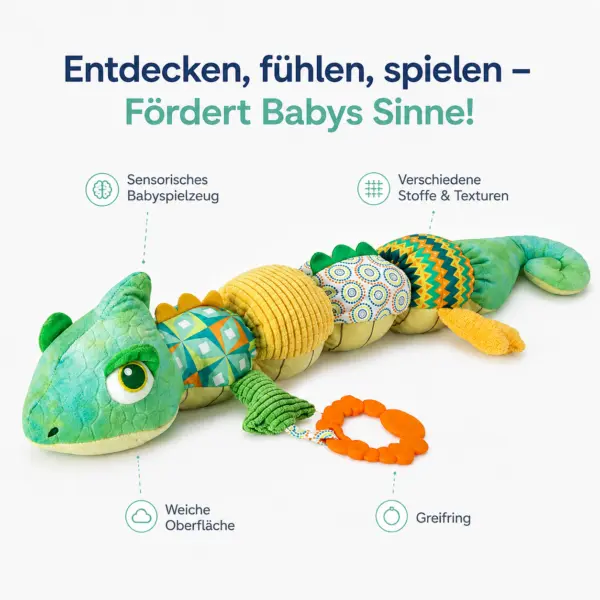 Babyspielzeug Chamäleon ca. 59 cm – Sensorik Plüschtier mit Beißring, Knister- & Geräuschelementen, Greifspielzeug für Babys