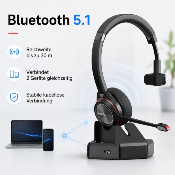 Bluetooth Headset mit Ladestation M890BT – kabelloses Business Headset mit Mikrofon, Geräuschreduzierung, bis 20 Std. Gesprächszeit, Bluetooth 5.1 für PC & Smartphone