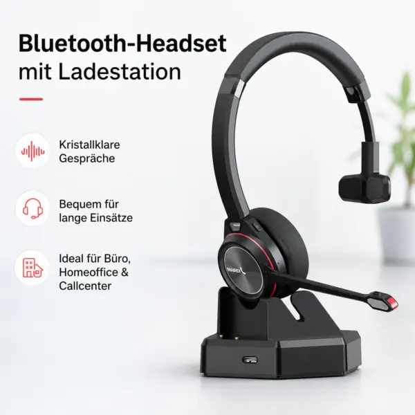 Bluetooth Headset mit Ladestation M890BT – kabelloses Business Headset mit Mikrofon, Geräuschreduzierung, bis 20 Std. Gesprächszeit, Bluetooth 5.1 für PC & Smartphone