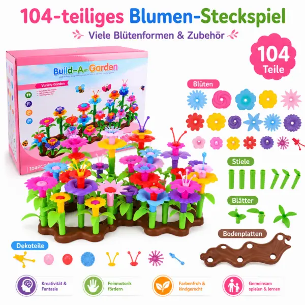 104-teiliges Blumen Steckspiel für Kinder ab 3 Jahren – bunter Blumen Baukasten zum Zusammenstecken, Kreativspielzeug mit Blüten, Stielen, Blättern & Bodenplatten