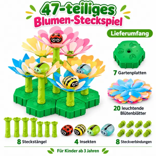 Blumen Steckspiel Kinder 47-teilig – leuchtendes Glow-in-the-Dark Garten Bauset ab 3 Jahren