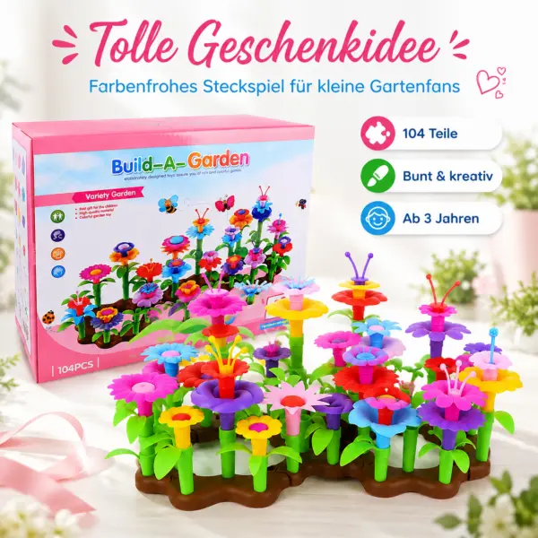104-teiliges Blumen Steckspiel für Kinder ab 3 Jahren – bunter Blumen Baukasten zum Zusammenstecken, Kreativspielzeug mit Blüten, Stielen, Blättern & Bodenplatten