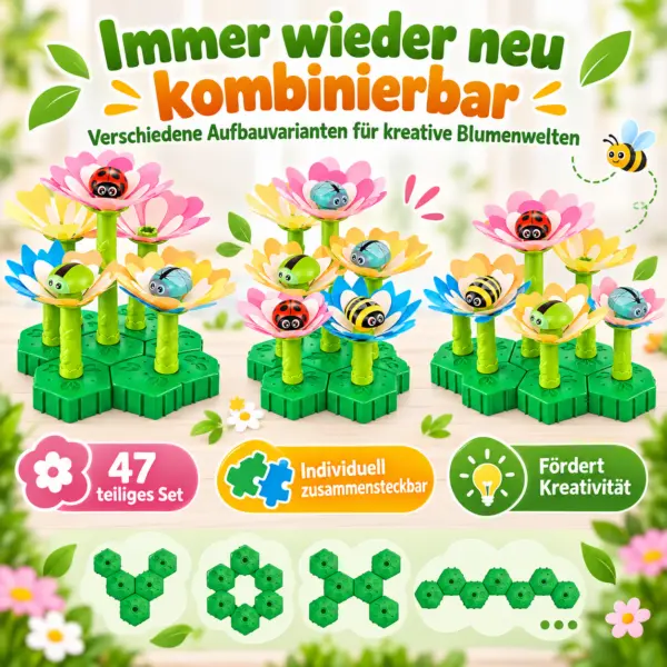 Blumen Steckspiel Kinder 47-teilig – leuchtendes Glow-in-the-Dark Garten Bauset ab 3 Jahren
