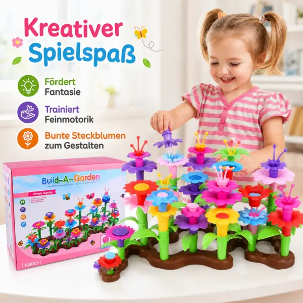 104-teiliges Blumen Steckspiel für Kinder ab 3 Jahren – bunter Blumen Baukasten zum Zusammenstecken, Kreativspielzeug mit Blüten, Stielen, Blättern & Bodenplatten