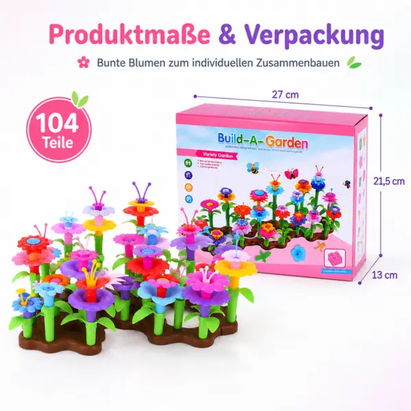 104-teiliges Blumen Steckspiel für Kinder ab 3 Jahren – bunter Blumen Baukasten zum Zusammenstecken, Kreativspielzeug mit Blüten, Stielen, Blättern & Bodenplatten