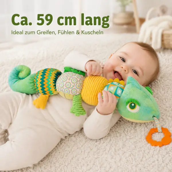 Babyspielzeug Chamäleon ca. 59 cm – Sensorik Plüschtier mit Beißring, Knister- & Geräuschelementen, Greifspielzeug für Babys