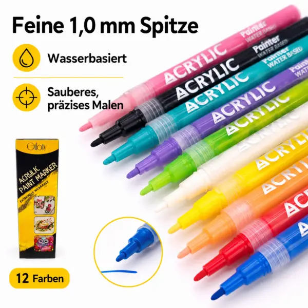 Acrylstifte Set 12 Farben – Acrylmarker 1 mm, wasserbasierte Paint Marker für Steine, Holz, Papier, Karton & Bastelprojekte