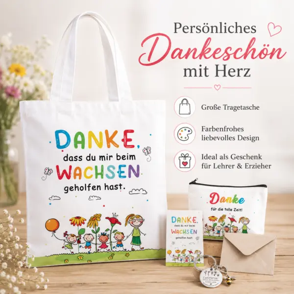 5-teiliges Geschenkset für Lehrer-in & Erzieher-in – Tragetasche 40 × 38 cm, Mäppchen 24 × 18 cm, Karte, Umschlag & Schlüsselanhänger