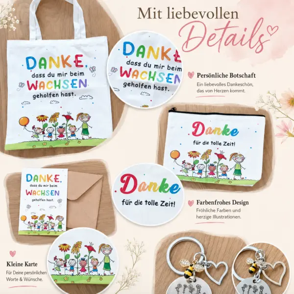 5-teiliges Geschenkset für Lehrer-in & Erzieher-in – Tragetasche 40 × 38 cm, Mäppchen 24 × 18 cm, Karte, Umschlag & Schlüsselanhänger
