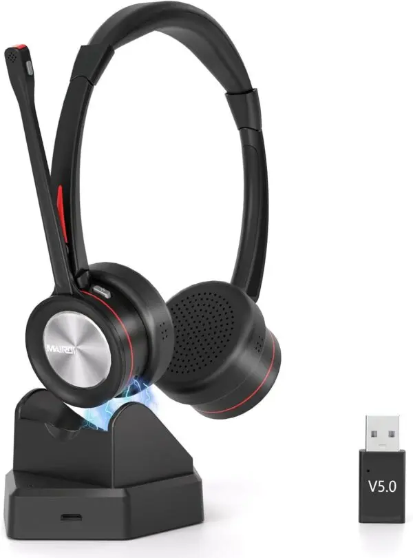 Bluetooth Headset mit Mikrofon & Ladestation, kabelloses Büro Headset mit USB Dongle, Bluetooth 5.2, bis zu 40 Std. Akkulaufzeit