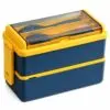 Lunchbox 1400 ml mit 2 Ebenen – stapelbare Brotdose mit Löffel & Gabel, blau-gelb, ideal für Schule, Büro, Picknick & unterwegs