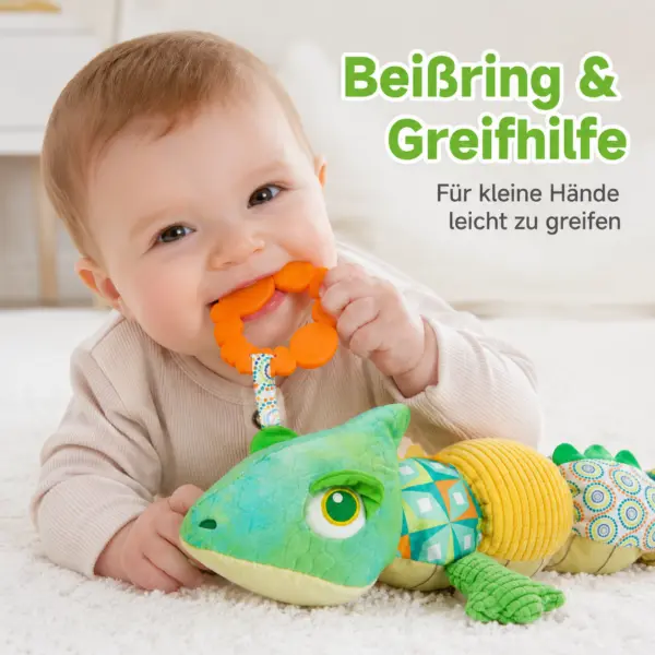 Babyspielzeug Chamäleon ca. 59 cm – Sensorik Plüschtier mit Beißring, Knister- & Geräuschelementen, Greifspielzeug für Babys