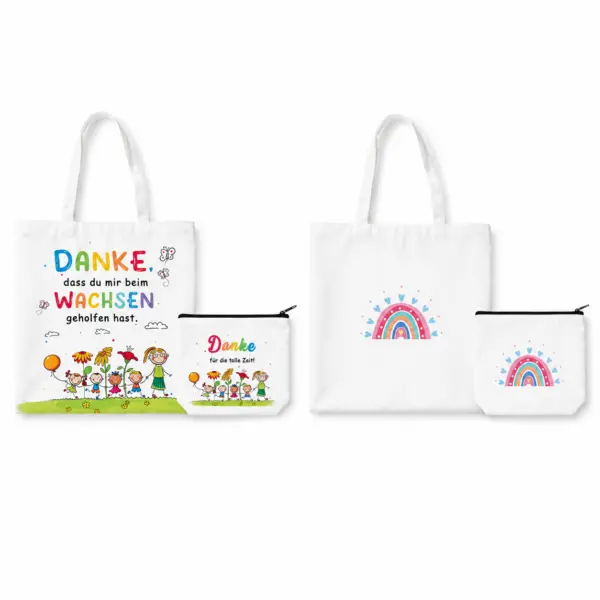5-teiliges Geschenkset für Lehrer-in & Erzieher-in – Tragetasche 40 × 38 cm, Mäppchen 24 × 18 cm, Karte, Umschlag & Schlüsselanhänger