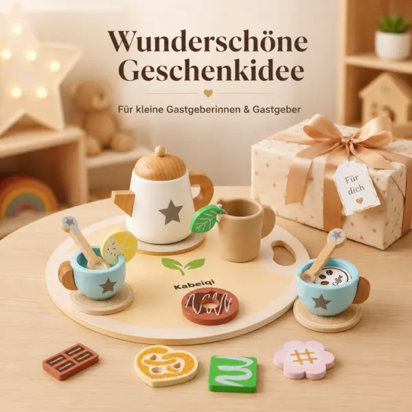 Holz-Teeset für Kinder – liebevolles Rollenspiel-Set mit Teekanne, 2 Tassen & Zubehör