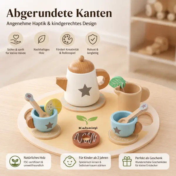 Holz-Teeset für Kinder – liebevolles Rollenspiel-Set mit Teekanne, 2 Tassen & Zubehör