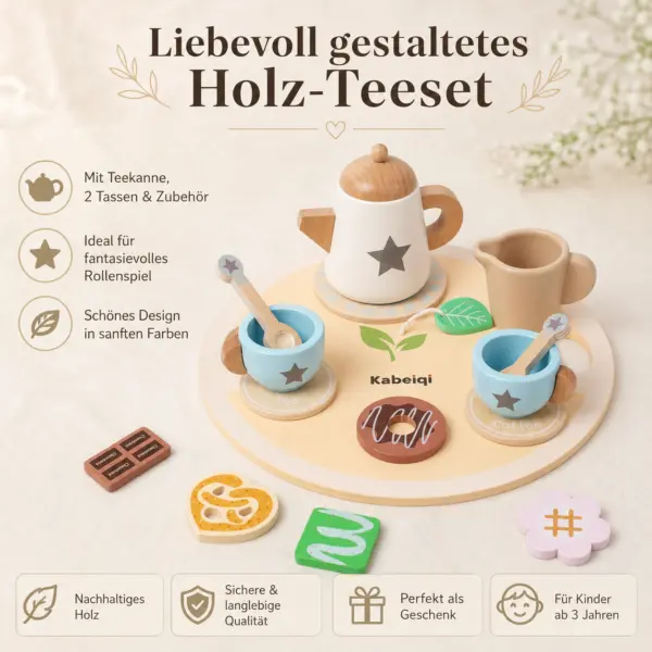 Holz-Teeset für Kinder – liebevolles Rollenspiel-Set mit Teekanne, 2 Tassen & Zubehör