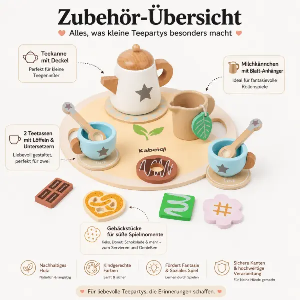 Holz-Teeset für Kinder – liebevolles Rollenspiel-Set mit Teekanne, 2 Tassen & Zubehör