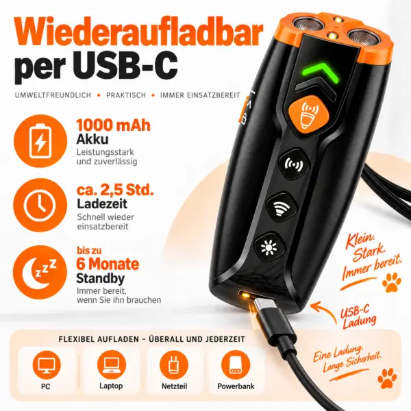 Ultraschall Hundetrainer mit LED-Licht – 4 Modi, USB-C, 1000 mAh, wiederaufladbar
