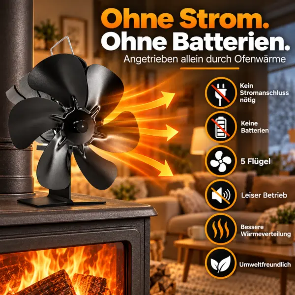 kaminventilator-5-fluegel-produktdetails Holzofen Ventilator mit 5 Flügeln – stromlos, leise & energiesparend – automatische Wärmeverteilung für Kamin & Ofen