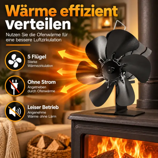 kaminventilator-waermebetrieben-5-fluegel Holzofen Ventilator mit 5 Flügeln – stromlos, leise & energiesparend – automatische Wärmeverteilung für Kamin & Ofen
