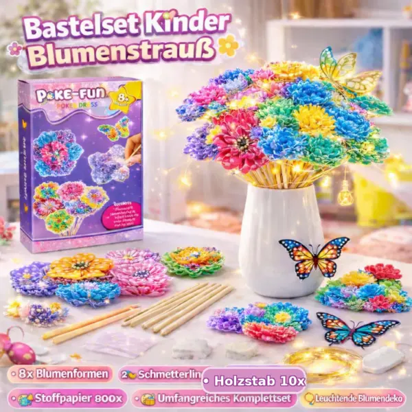 Bastelset Kinder Blumenstrauß DIY – Kreativset mit 8 Blumen, 2 Schmetterlingen, Holzstäben, Stoffpapier & Lichterkette – Geschenkidee