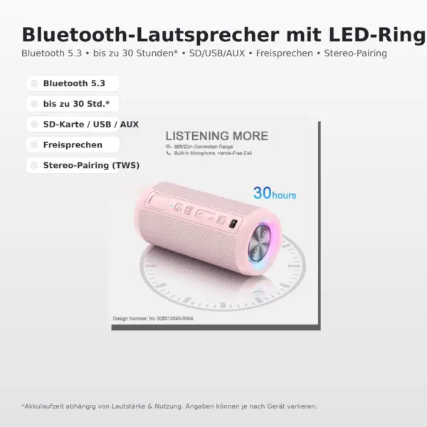 Bluetooth-Lautsprecher 24W mit LED-Lichteffekt – IPX7 wasserdicht – 30 Std. Akkulaufzeit