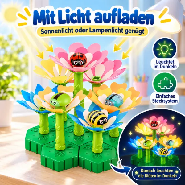 Blumen Steckspiel Kinder 47-teilig – leuchtendes Glow-in-the-Dark Garten Bauset ab 3 Jahren