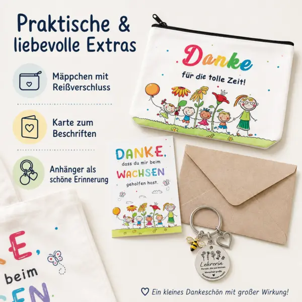 5-teiliges Geschenkset für Lehrer-in & Erzieher-in – Tragetasche 40 × 38 cm, Mäppchen 24 × 18 cm, Karte, Umschlag & Schlüsselanhänger
