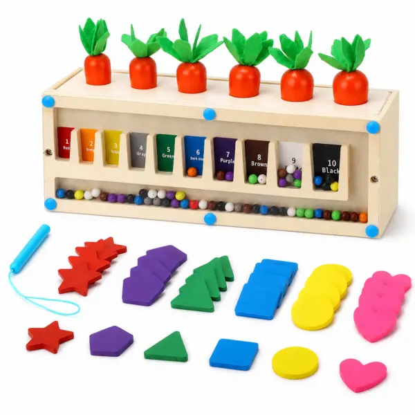 Montessori Holzspielzeug 3-in-1 Sortierspiel für Kinder mit Farben, Formen, Zahlen und Karotten