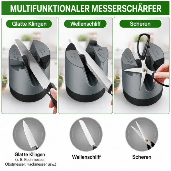 Messerschärfer mit automatischer Winkeleinstellung für Messer mit gerader Klinge, gezackte Messer und Scheren