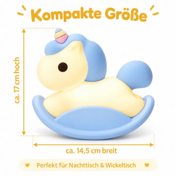 nachtlicht-einhorn-kompakte-groesse Einhorn Nachtlicht Blau – Schaukel-Nachtlampe für Kinder, dimmbar mit Touch-Steuerung, wiederaufladbar