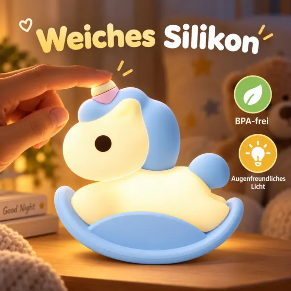 nachtlicht-einhorn-weiches-silikon-bpa-frei Einhorn Nachtlicht Blau – Schaukel-Nachtlampe für Kinder, dimmbar mit Touch-Steuerung, wiederaufladbar