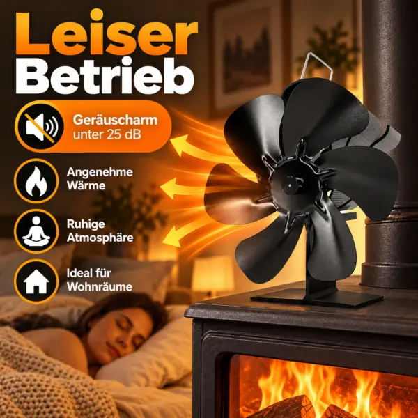 ofenventilator-ohne-strom-waermebetrieben Holzofen Ventilator mit 5 Flügeln – stromlos, leise & energiesparend – automatische Wärmeverteilung für Kamin & Ofen