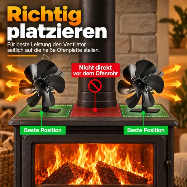 ofenventilator-richtige-position-kaminofen Holzofen Ventilator mit 5 Flügeln – stromlos, leise & energiesparend – automatische Wärmeverteilung für Kamin & Ofen