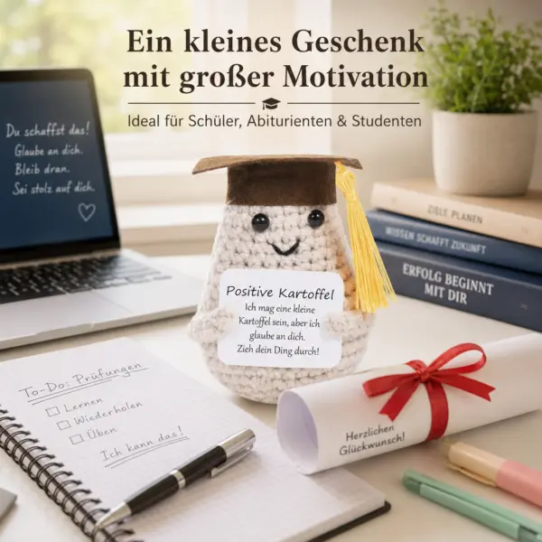 Positive Kartoffel mit Abschlussmütze – kleines Motivationsgeschenk für Schüler, Abiturienten & Studenten