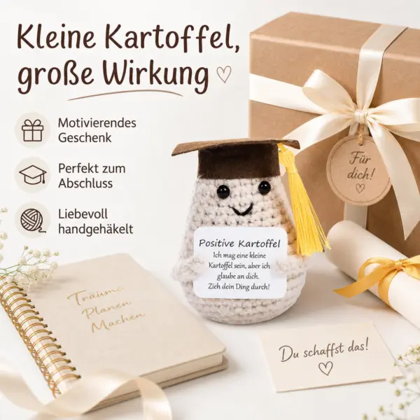 Positive Kartoffel mit Abschlussmütze – kleines Motivationsgeschenk für Schüler, Abiturienten & Studenten