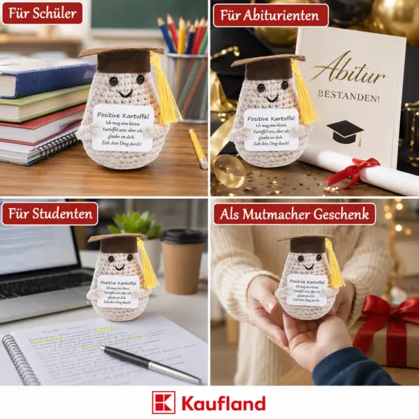 Positive Kartoffel mit Abschlussmütze – kleines Motivationsgeschenk für Schüler, Abiturienten & Studenten