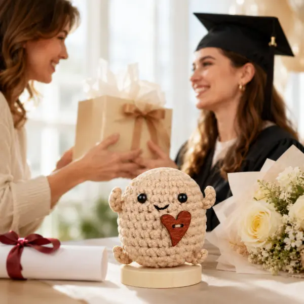 positive Kartoffeln mit Herz Geschenk Positive Kartoffel mit Herz – süßes Mini-Geschenk ca. 7,5 cm | Häkel-Figur mit Holzsockel | Mutmacher Geschenk für Kinder, Freunde, Familie
