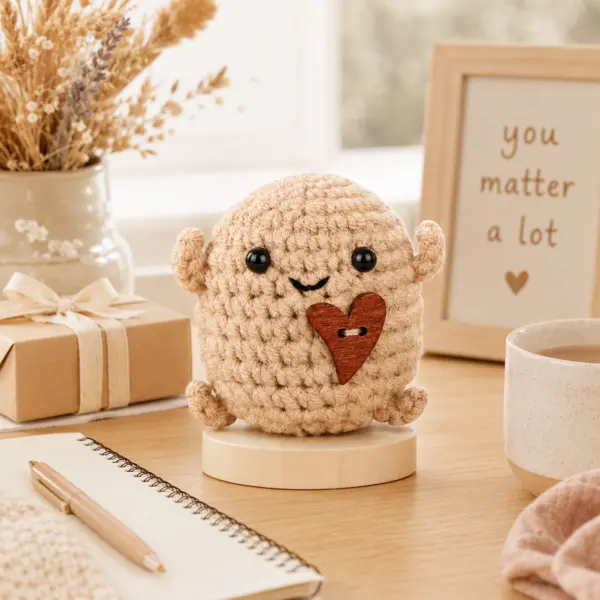 positive Kartoffeln mit Herz Geschenk Schüler Positive Kartoffel mit Herz – süßes Mini-Geschenk ca. 7,5 cm | Häkel-Figur mit Holzsockel | Mutmacher Geschenk für Kinder, Freunde, Familie