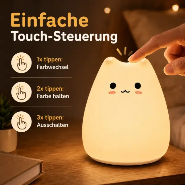 LED Katzenlampe Nachtlicht – süße Kinderlampe mit warmweißem Licht & Farbwechsel
