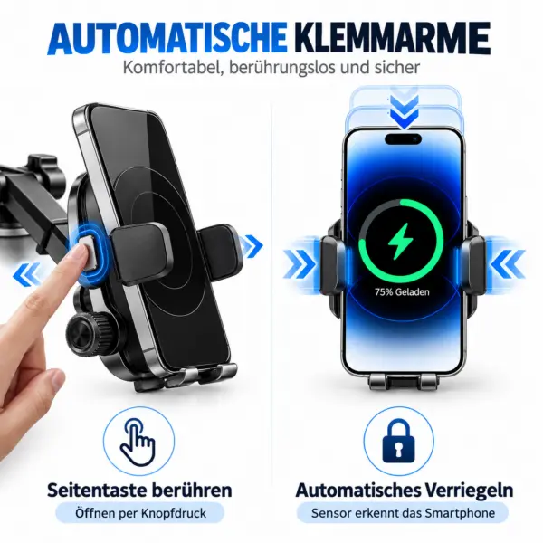 15W Wireless Auto-Handyhalterung mit Schnellladefunktion – automatische Klemmarme & 270° Verstellung