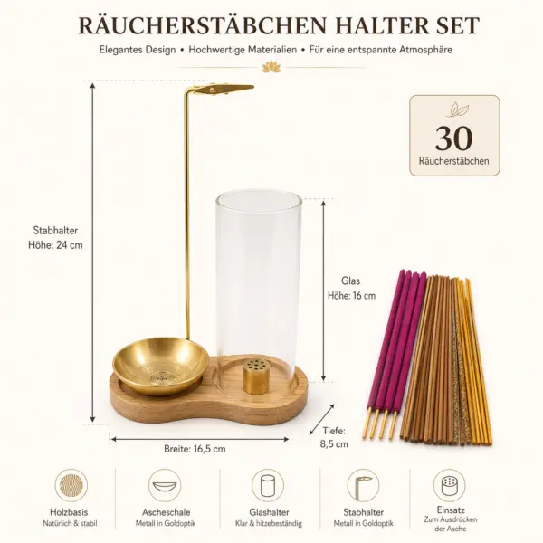 Räucherstäbchenhalter Set mit 30 Räucherstäbchen | Holz & Gold